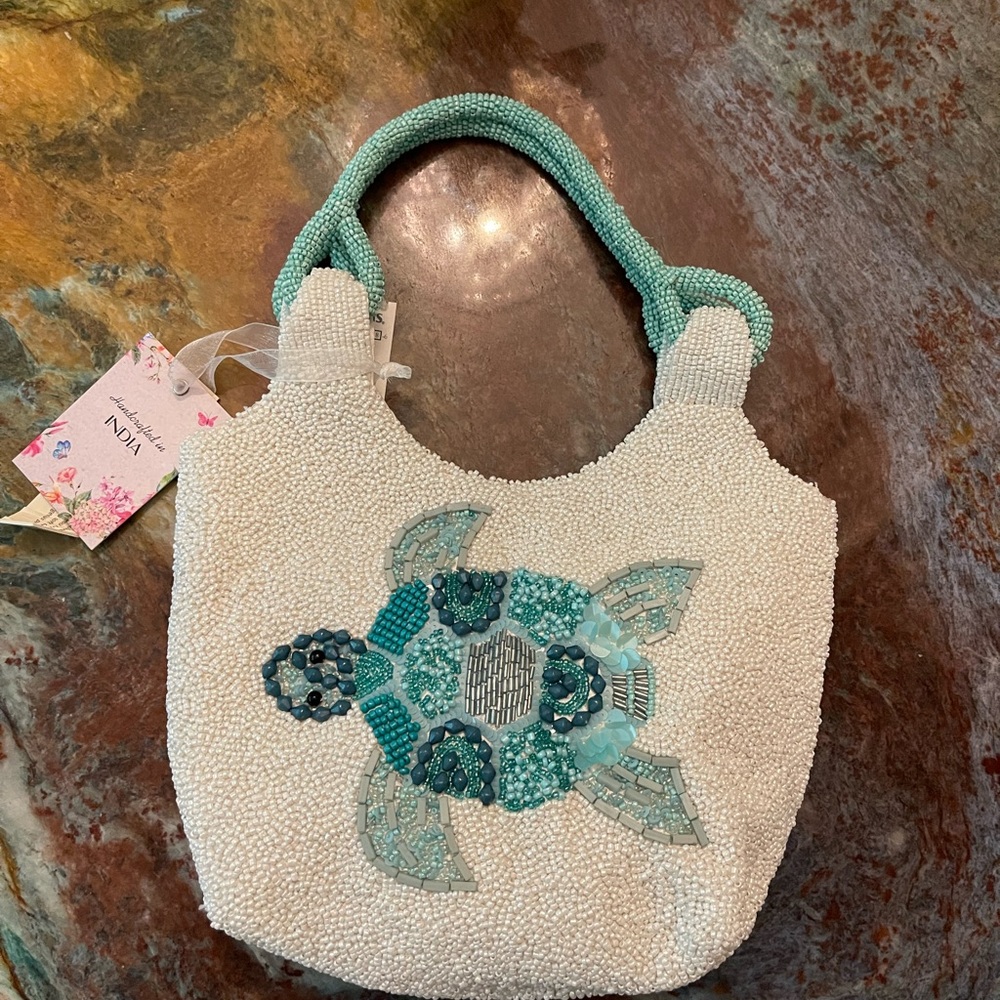 Made in India Beaded Clutch with Turtle Turquoise and White
